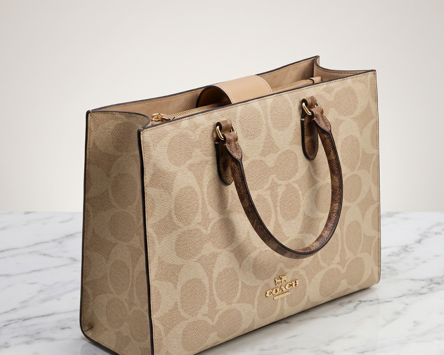 Co-ach Brown Signature Monogram Canvas Structured Large Tote Bag