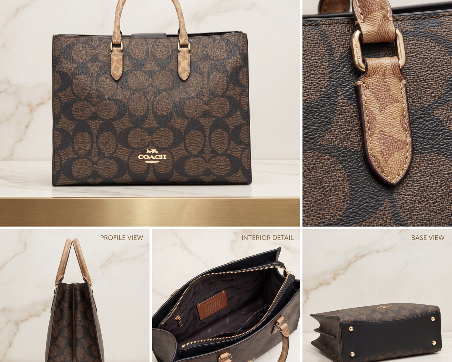Co-ach Brown Signature Monogram Canvas Structured Large Tote Bag
