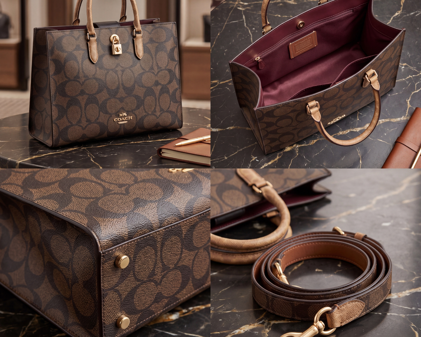 Co-ach Brown Signature Monogram Canvas Structured Large Tote Bag
