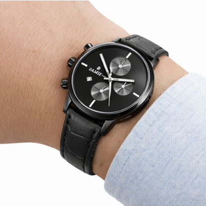 TIMAS Premium Quartz Men's Watch – Matte Black Dial with Silver Sub-Dials & Leather Strap
