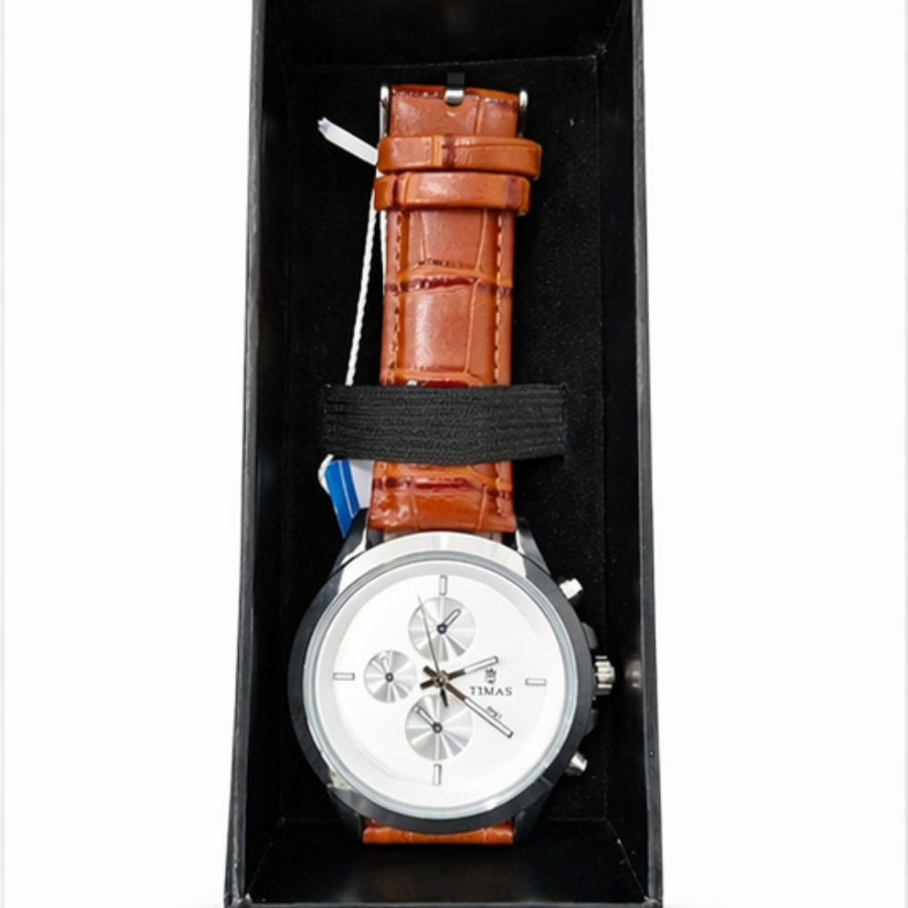 TIMAS Chronograph Men's Watch | Brown Leather Strap & Silver Dial