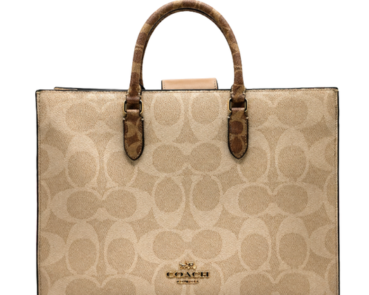 Co-ach Brown Signature Monogram Canvas Structured Large Tote Bag