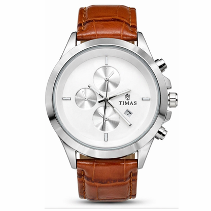 TIMAS Chronograph Men's Watch | Brown Leather Strap & Silver Dial