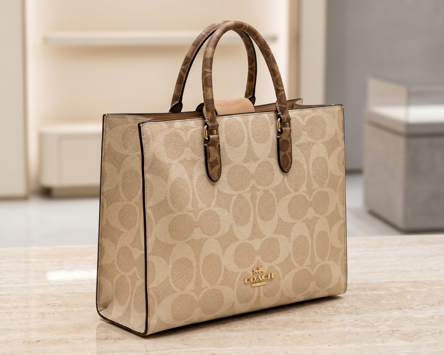 Co-ach Brown Signature Monogram Canvas Structured Large Tote Bag