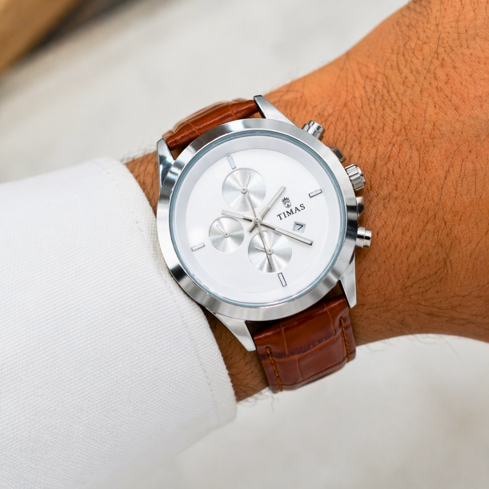 TIMAS Chronograph Men's Watch | Brown Leather Strap & Silver Dial