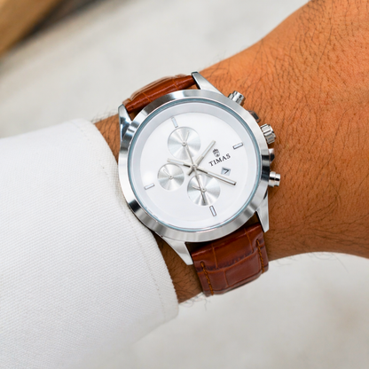 TIMAS Chronograph Men's Watch | Brown Leather Strap & Silver Dial