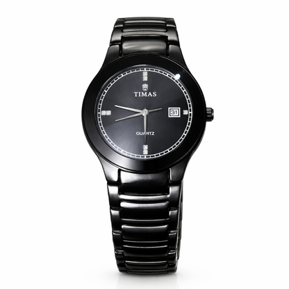 TIMAS Men's All Black Stainless Steel Quartz Watch – Luxury Analog Wrist Watch with Date Display.