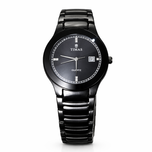 TIMAS Men's All Black Stainless Steel Quartz Watch – Luxury Analog Wrist Watch with Date Display.