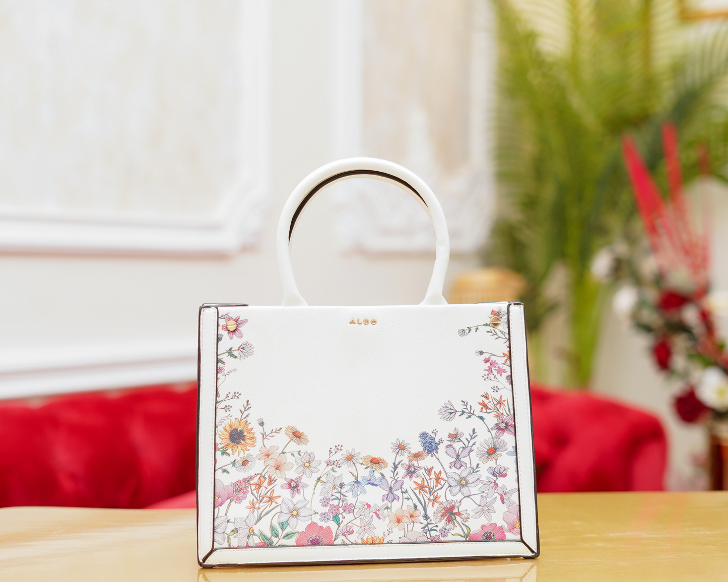 ALDO White Floral Top-Handle Tote Bag | Structured Wildflower Satchel.
