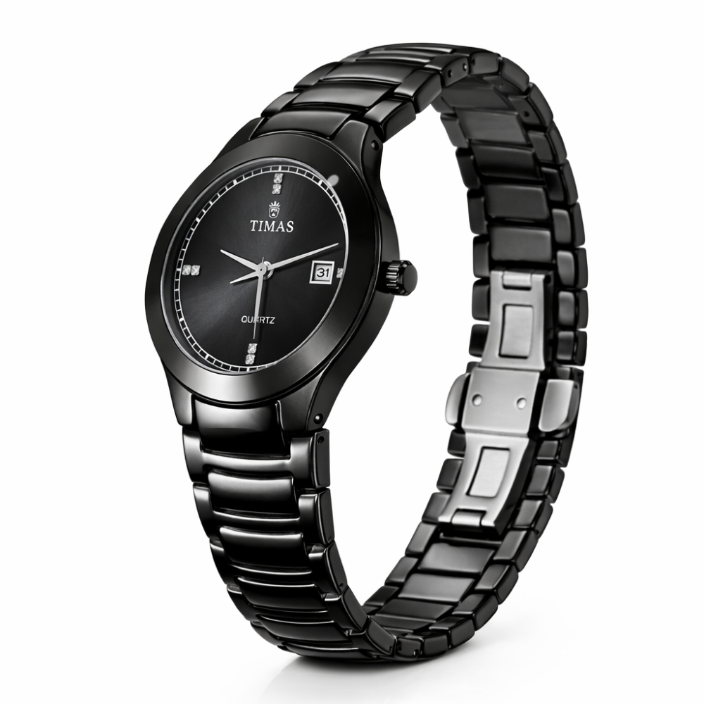 TIMAS Men's All Black Stainless Steel Quartz Watch – Luxury Analog Wrist Watch with Date Display.