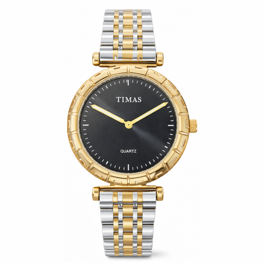Original Timas Women's Quartz Watch – Black Dial Gold & Silver Two-Tone Stainless Steel Watch.