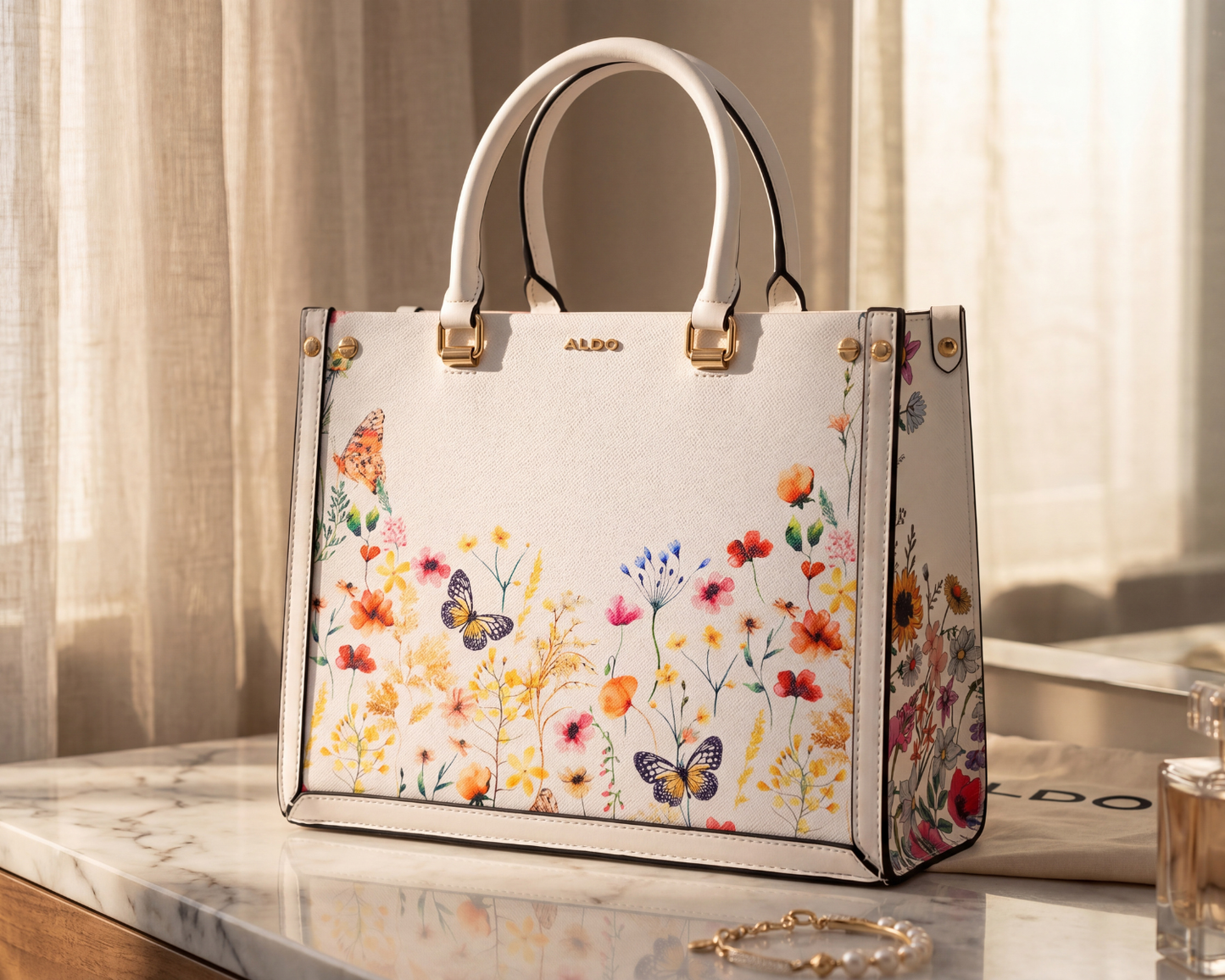 ALDO White Floral Top-Handle Tote Bag | Structured Wildflower Satchel.