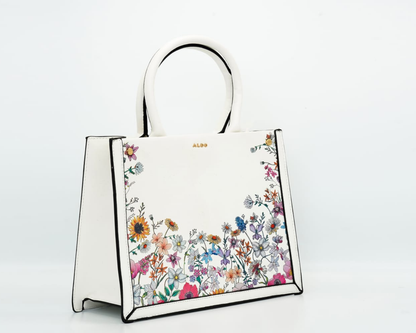 ALDO White Floral Top-Handle Tote Bag | Structured Wildflower Satchel.