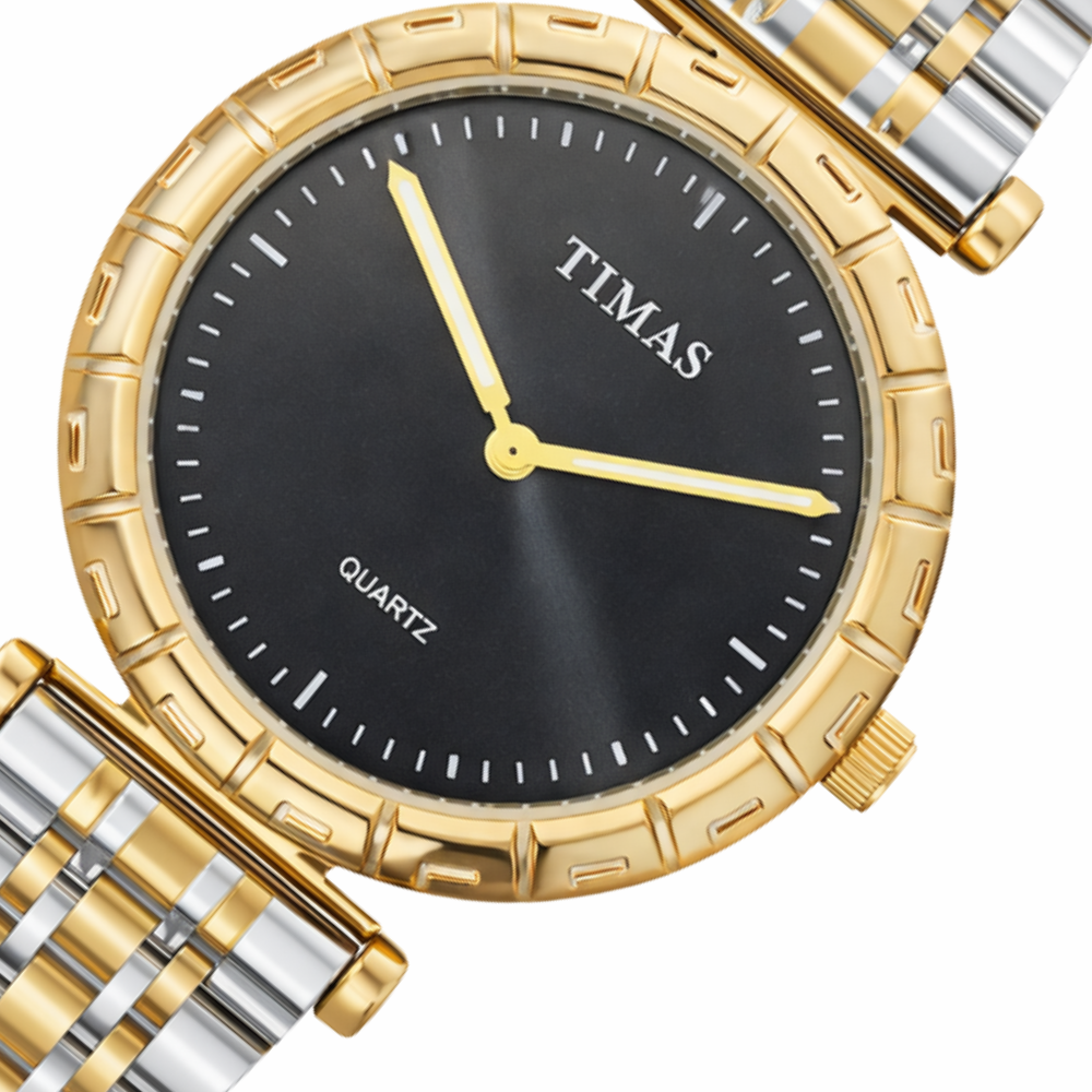 Original Timas Women's Quartz Watch – Black Dial Gold & Silver Two-Tone Stainless Steel Watch.