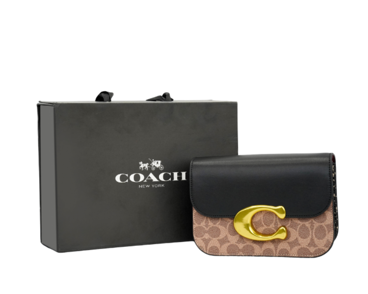 Co-ach Signature Black & Brown Two-Tone Crossbody Bag with Gold 'C' Buckle