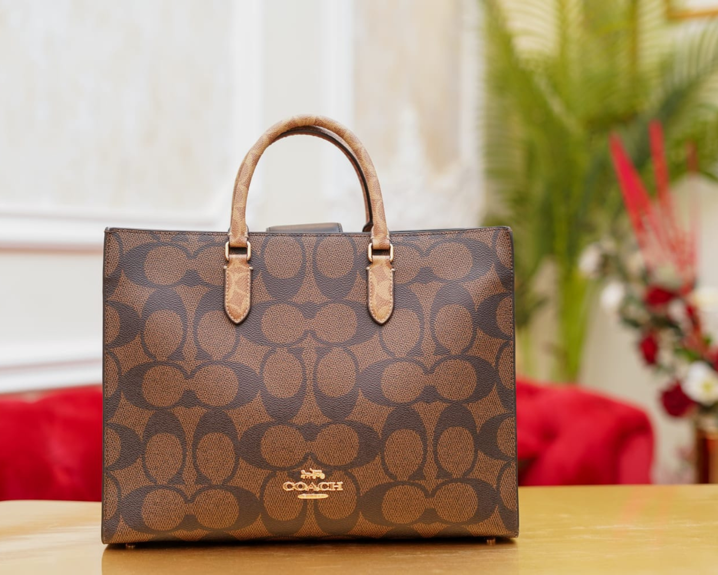 Co-ach Brown Signature Monogram Canvas Structured Large Tote Bag