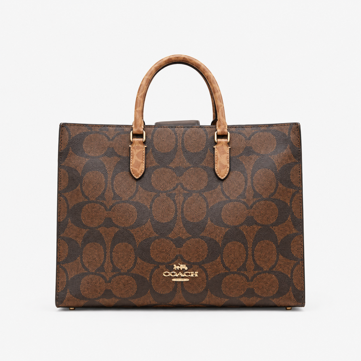 Co-ach Brown Signature Monogram Canvas Structured Large Tote Bag