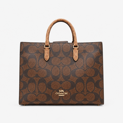 Co-ach Brown Signature Monogram Canvas Structured Large Tote Bag
