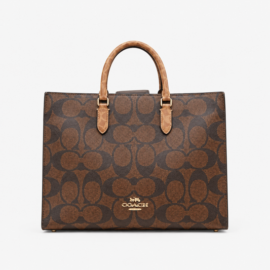 Co-ach Brown Signature Monogram Canvas Structured Large Tote Bag