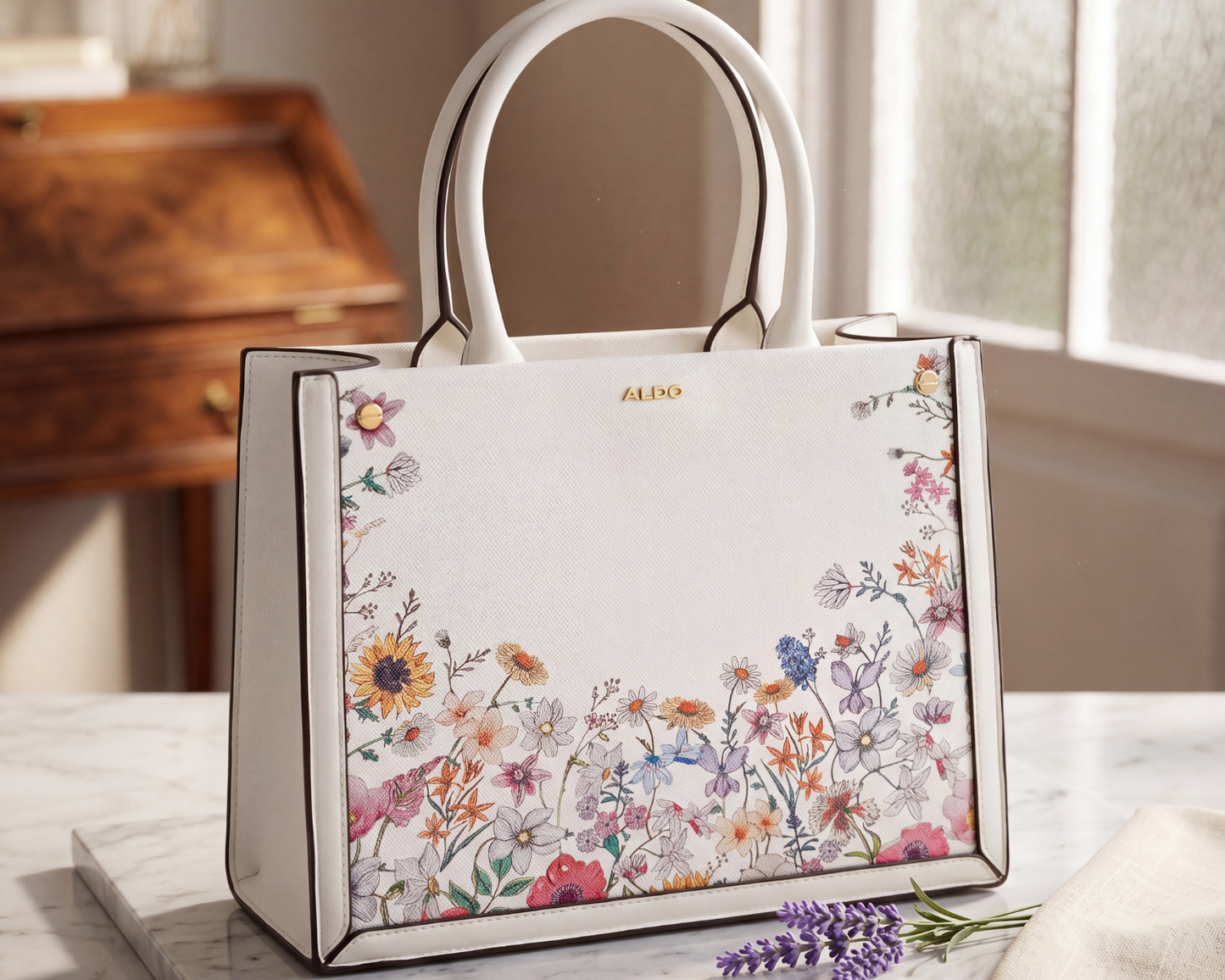 ALDO White Floral Top-Handle Tote Bag | Structured Wildflower Satchel.
