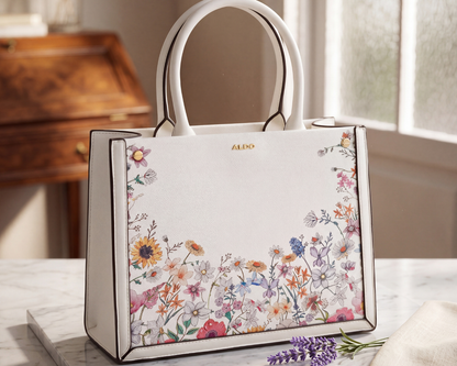 ALDO White Floral Top-Handle Tote Bag | Structured Wildflower Satchel.