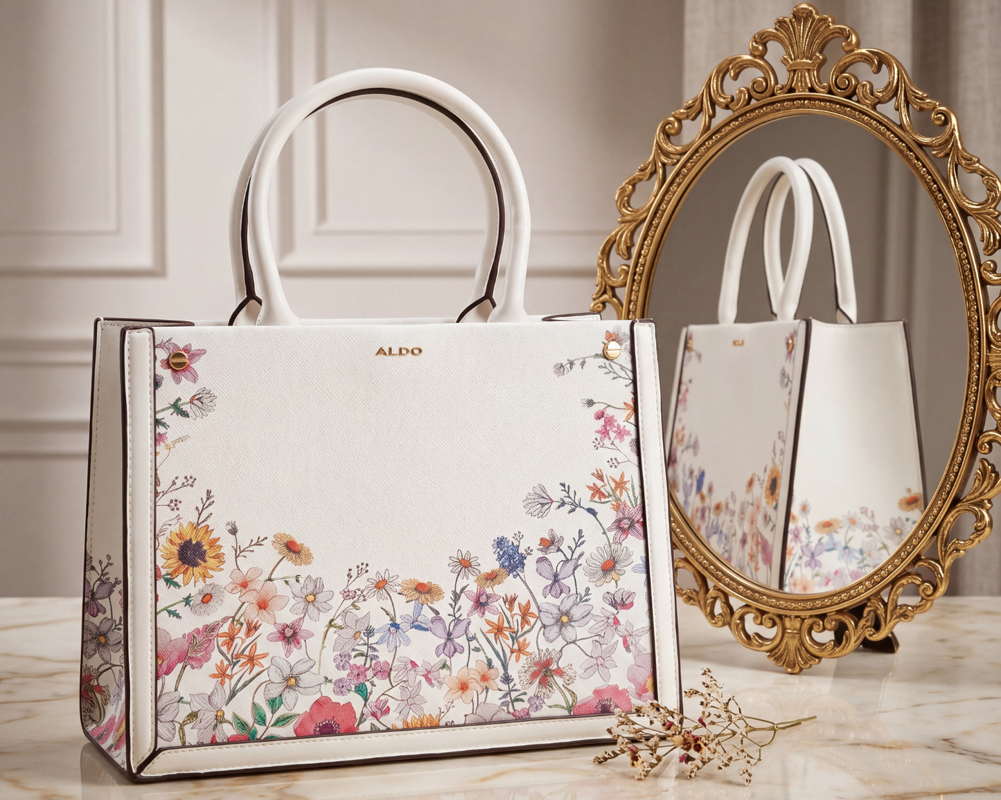 ALDO White Floral Top-Handle Tote Bag | Structured Wildflower Satchel.