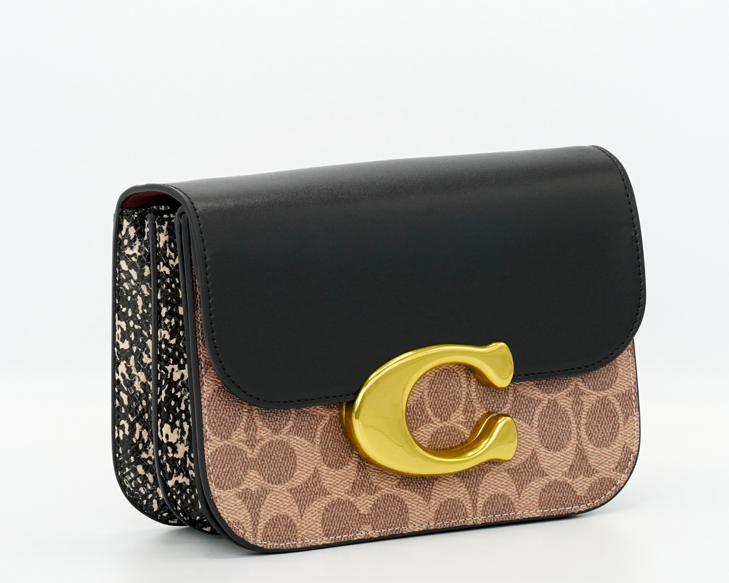 Co-ach Signature Black & Brown Two-Tone Crossbody Bag with Gold 'C' Buckle