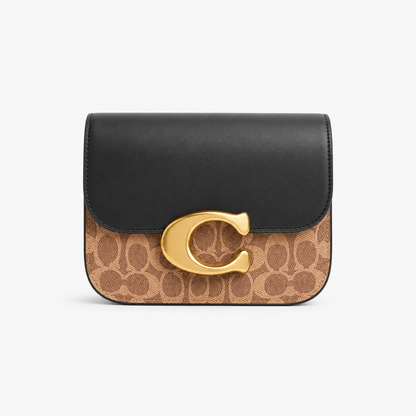 Co-ach Signature Black & Brown Two-Tone Crossbody Bag with Gold 'C' Buckle