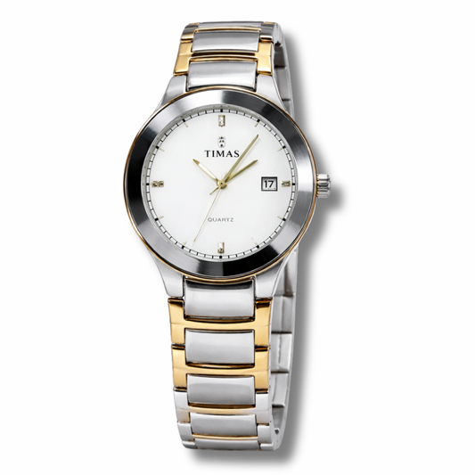 TIMAS Men's Premium Stainless Steel Quartz Watch – Two Tone Silver & Gold Chain Wrist Watch with Date Display