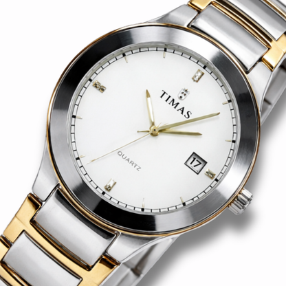 TIMAS Men's Premium Stainless Steel Quartz Watch – Two Tone Silver & Gold Chain Wrist Watch with Date Display