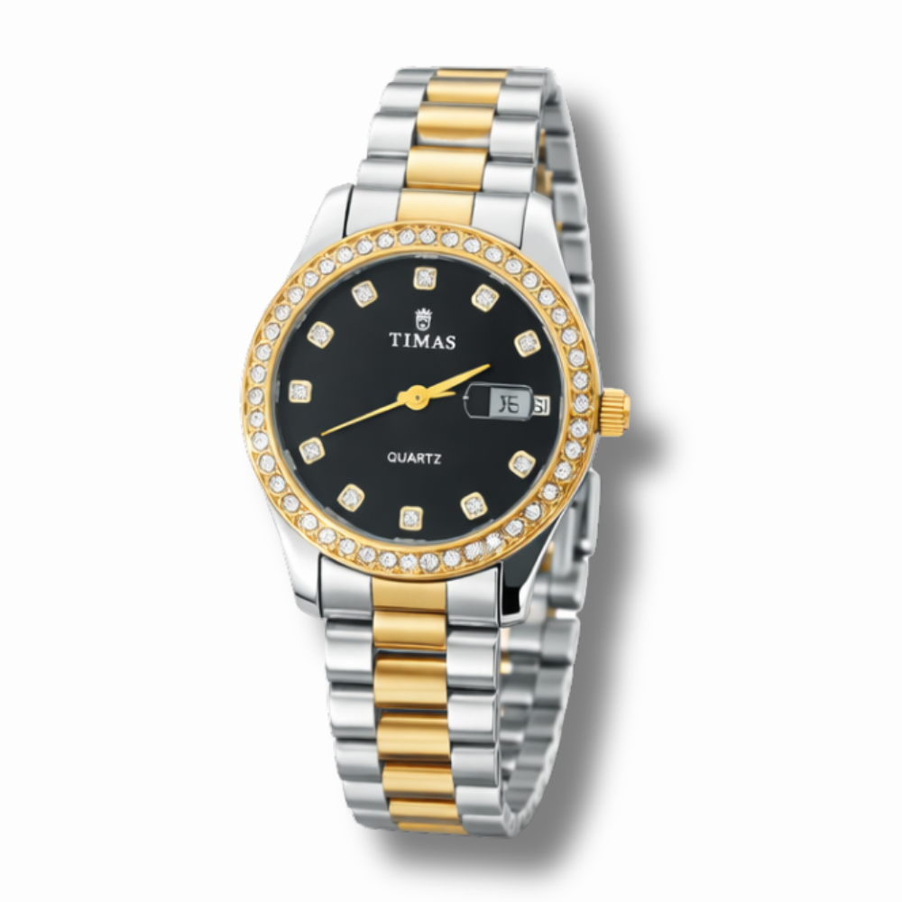 Timas Elegant Steel Ladies Watch – Luxury Two-Tone Quartz Wrist Watch for Women with Crystal Bezel & Date Display.