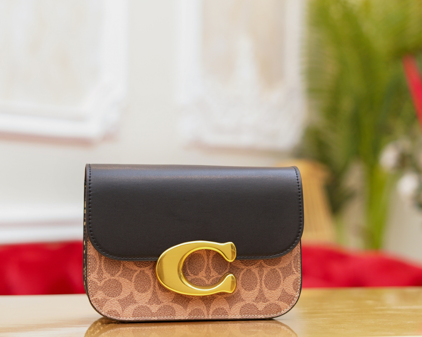 Co-ach Signature Black & Brown Two-Tone Crossbody Bag with Gold 'C' Buckle