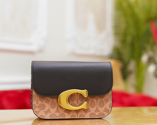 Co-ach Signature Black & Brown Two-Tone Crossbody Bag with Gold 'C' Buckle