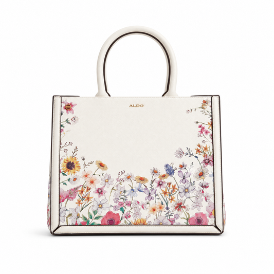 ALDO White Floral Top-Handle Tote Bag | Structured Wildflower Satchel.
