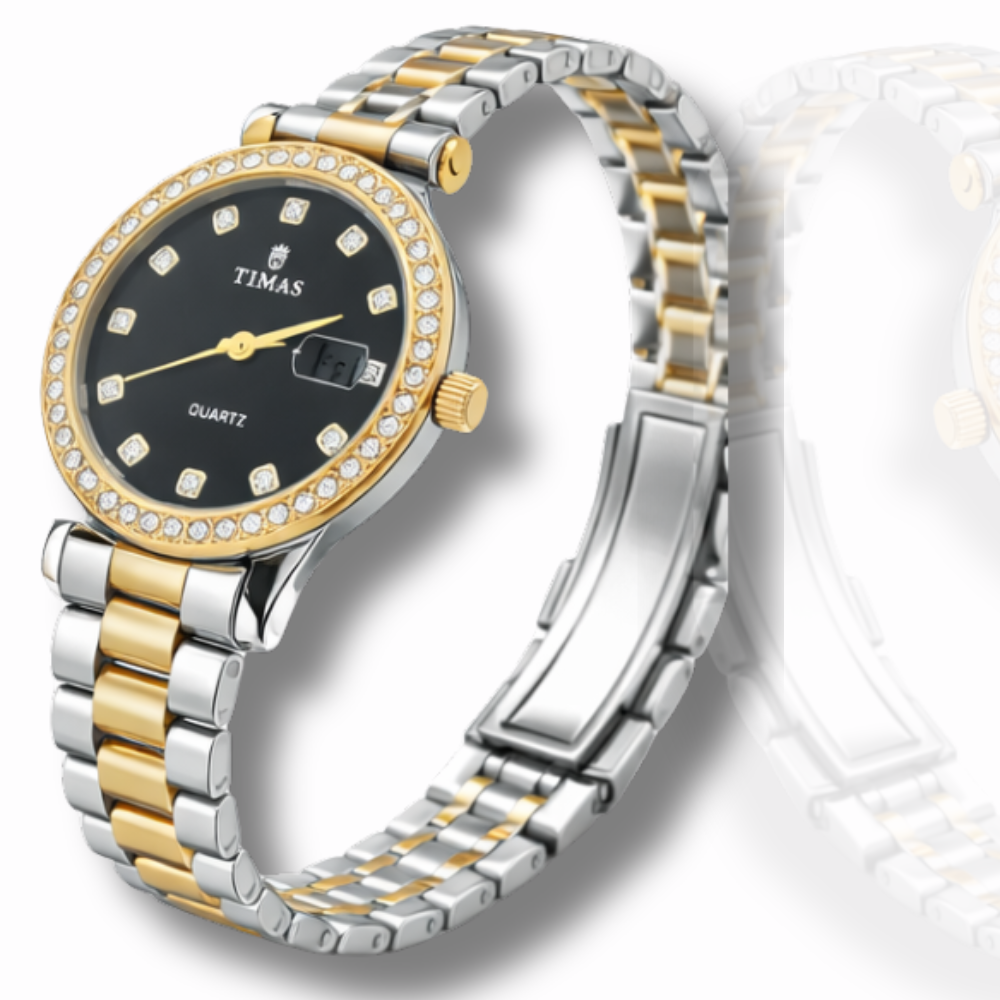 Timas Elegant Steel Ladies Watch – Luxury Two-Tone Quartz Wrist Watch for Women with Crystal Bezel & Date Display.