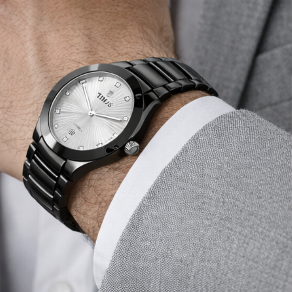 TIMAS Black Stainless Steel Quartz Watch for Men – Luxury Analog Wrist Watch with Date Display