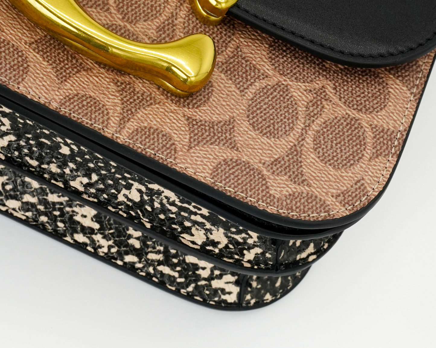 Co-ach Signature Black & Brown Two-Tone Crossbody Bag with Gold 'C' Buckle