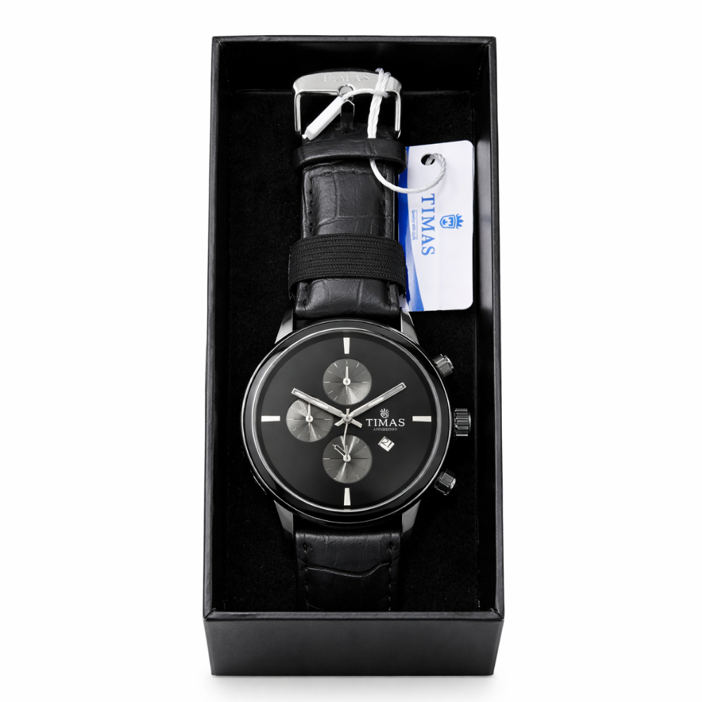TIMAS Premium Quartz Men's Watch – Matte Black Dial with Silver Sub-Dials & Leather Strap