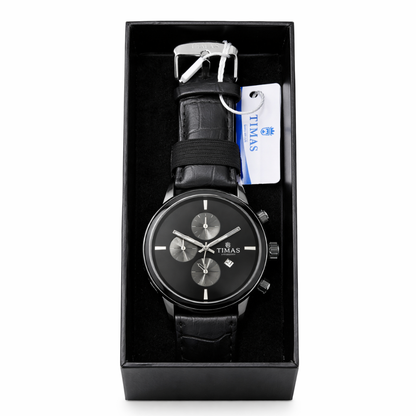 TIMAS Premium Quartz Men's Watch – Matte Black Dial with Silver Sub-Dials & Leather Strap