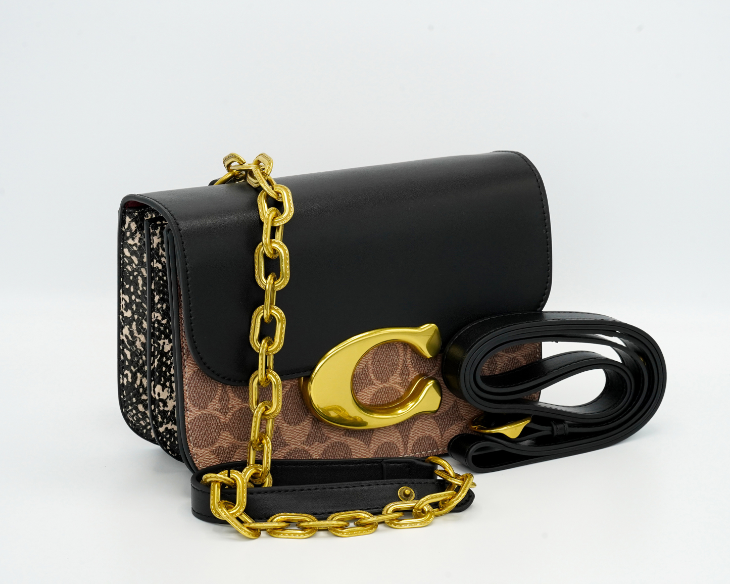 Co-ach Signature Black & Brown Two-Tone Crossbody Bag with Gold 'C' Buckle