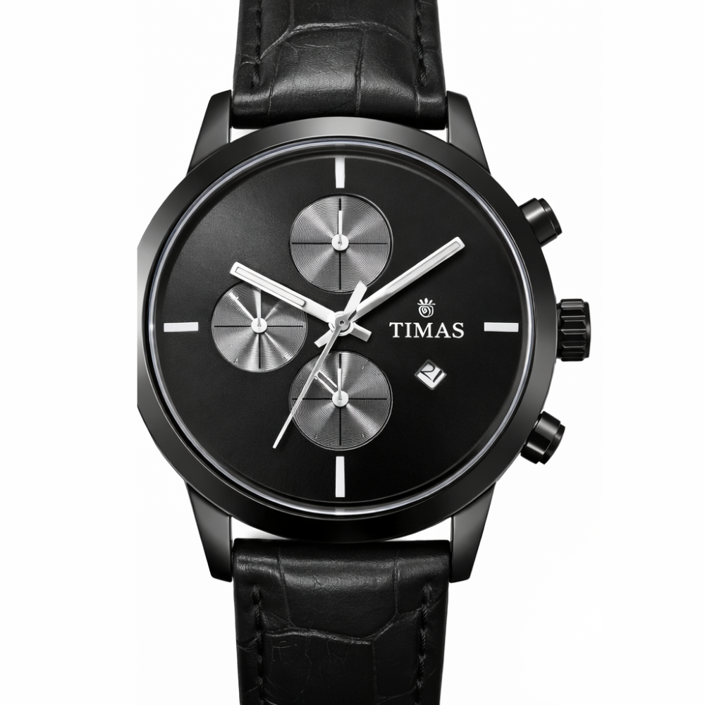 TIMAS Premium Quartz Men's Watch – Matte Black Dial with Silver Sub-Dials & Leather Strap