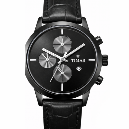 TIMAS Premium Quartz Men's Watch – Matte Black Dial with Silver Sub-Dials & Leather Strap