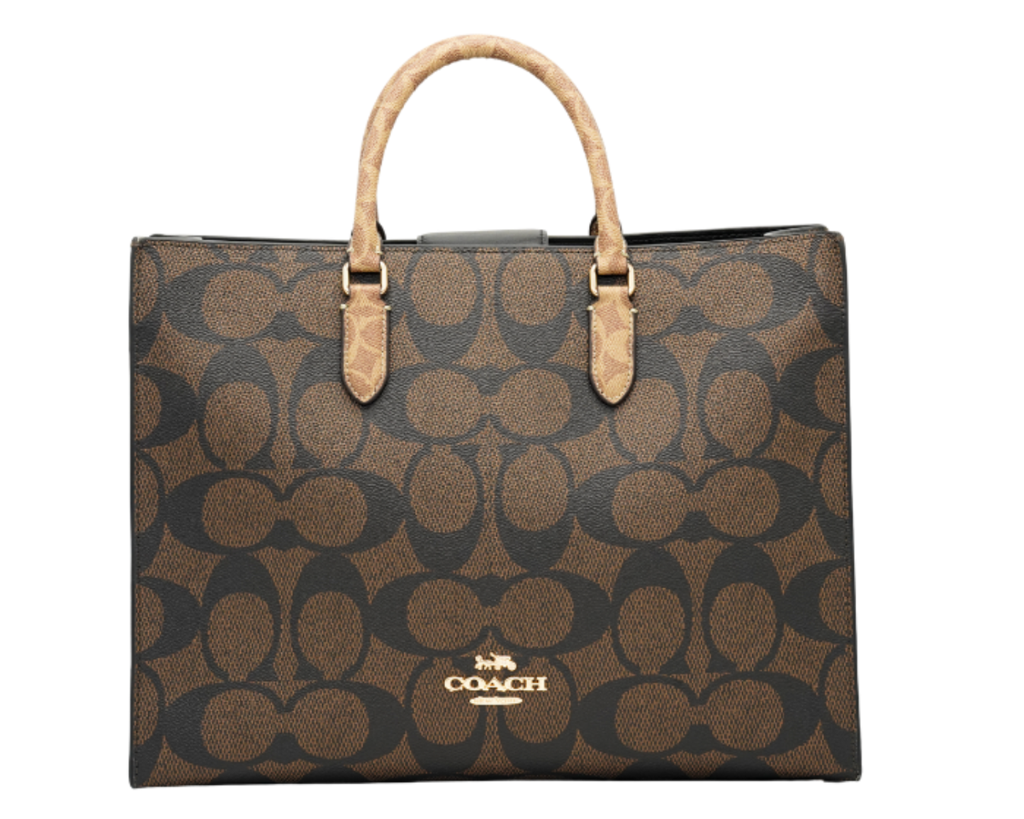 Co-ach Brown Signature Monogram Canvas Structured Large Tote Bag