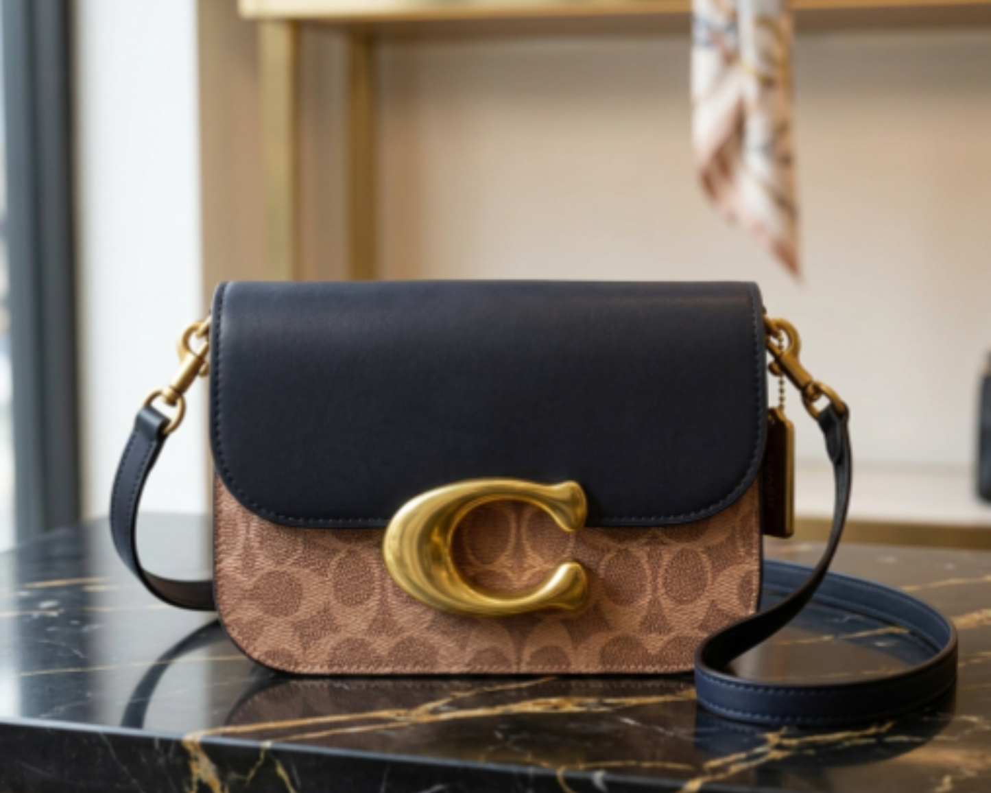 Co-ach Signature Black & Brown Two-Tone Crossbody Bag with Gold 'C' Buckle