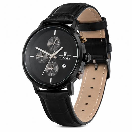 TIMAS Premium Quartz Men's Watch – Matte Black Dial with Silver Sub-Dials & Leather Strap