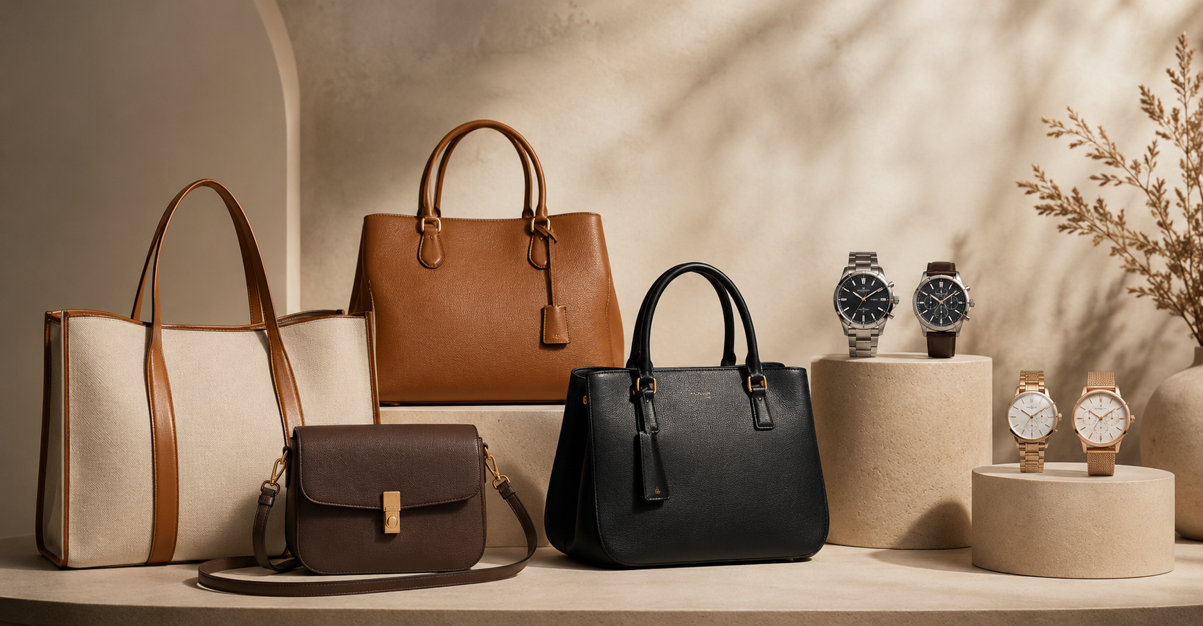 Collection of handbags and watches on a neutral background