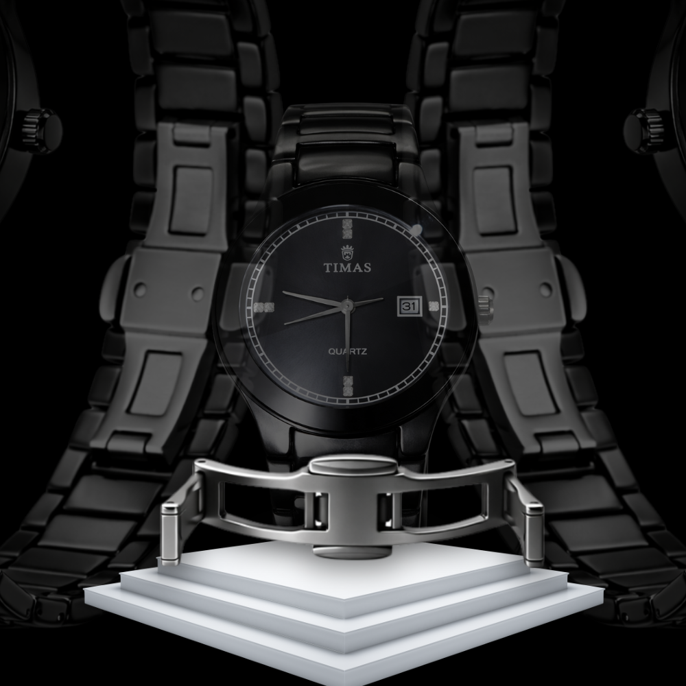 TIMAS Men's All Black Stainless Steel Quartz Watch – Luxury Analog Wrist Watch with Date Display.
