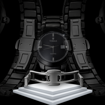 TIMAS Men's All Black Stainless Steel Quartz Watch – Luxury Analog Wrist Watch with Date Display.