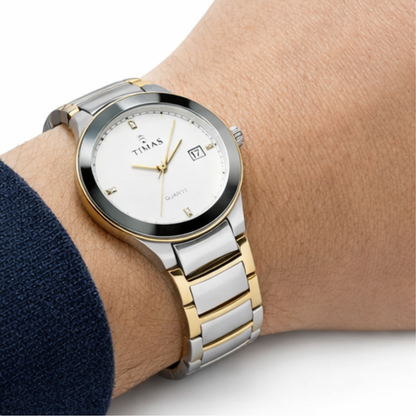 TIMAS Men's Premium Stainless Steel Quartz Watch – Two Tone Silver & Gold Chain Wrist Watch with Date Display