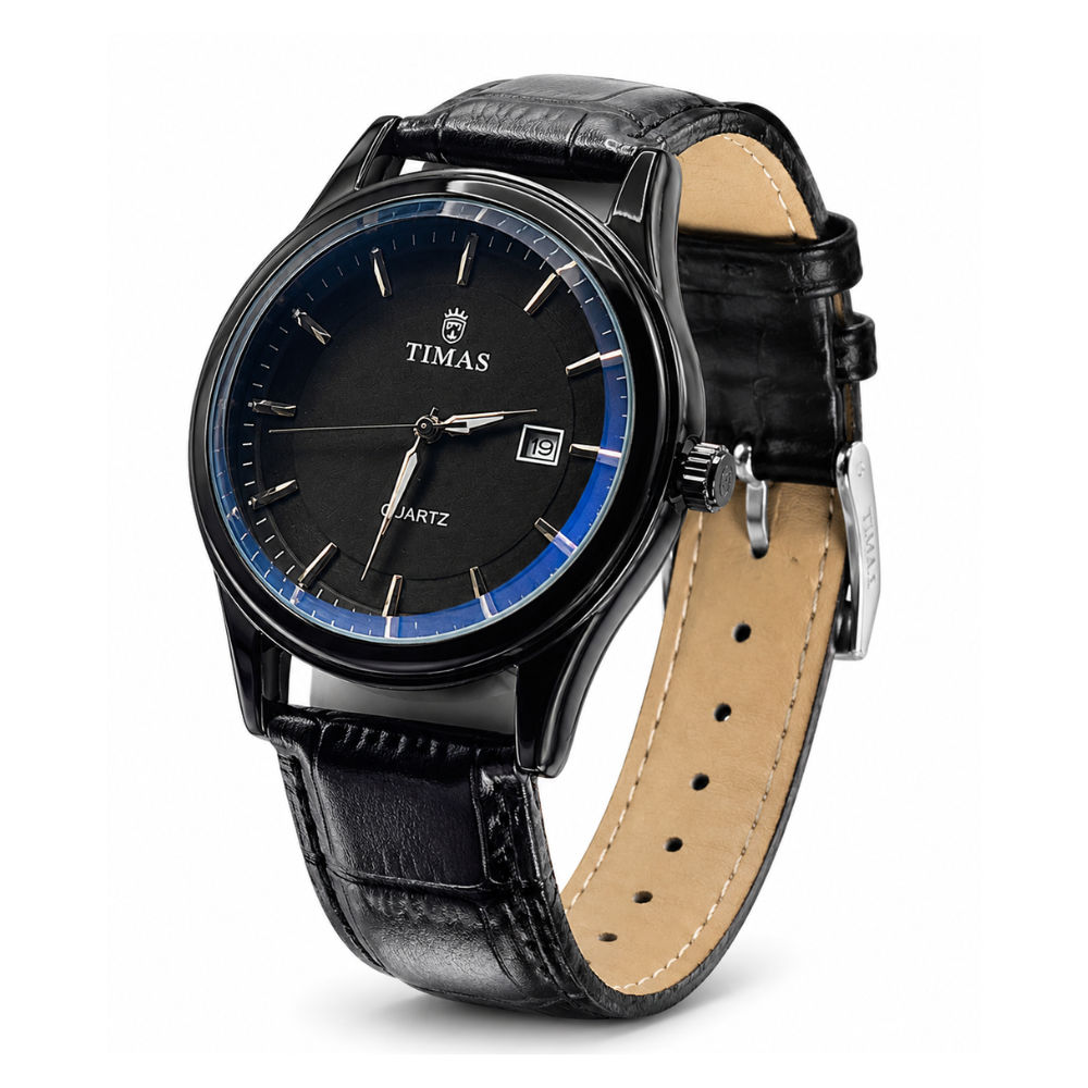 TIMAS Men's Black Leather Quartz Watch – Luxury Analog Wrist Watch with Date Display | Premium Formal Watch.